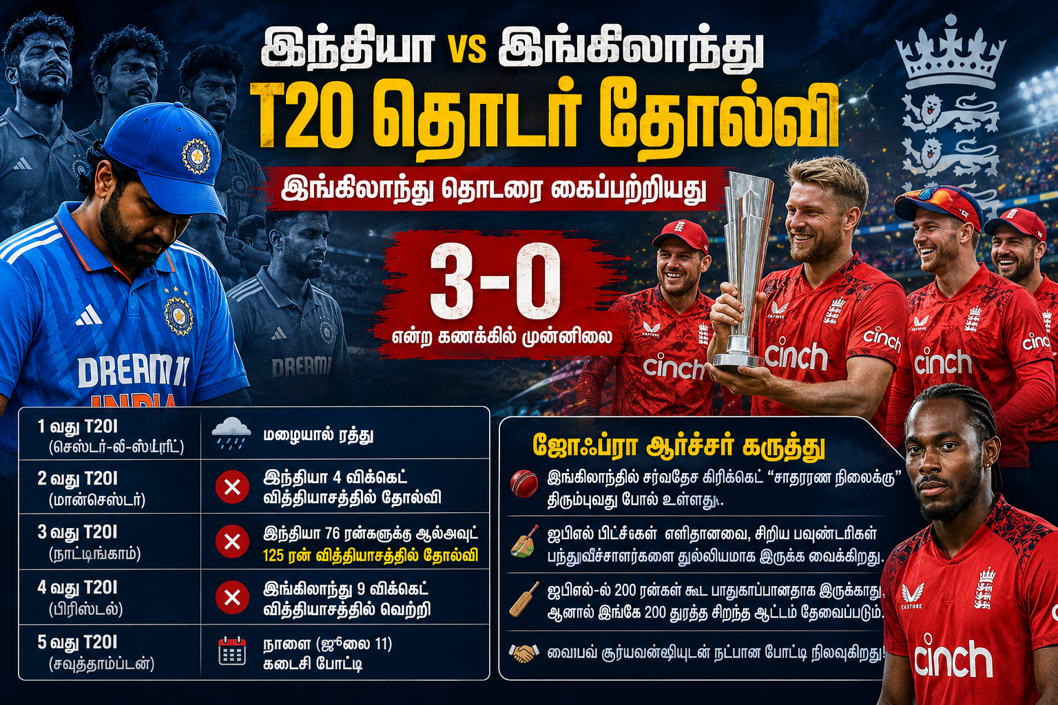 இந்தியா இங்கிலாந்து T20 தொடர் தோல்வி, ஜூலை 2026
