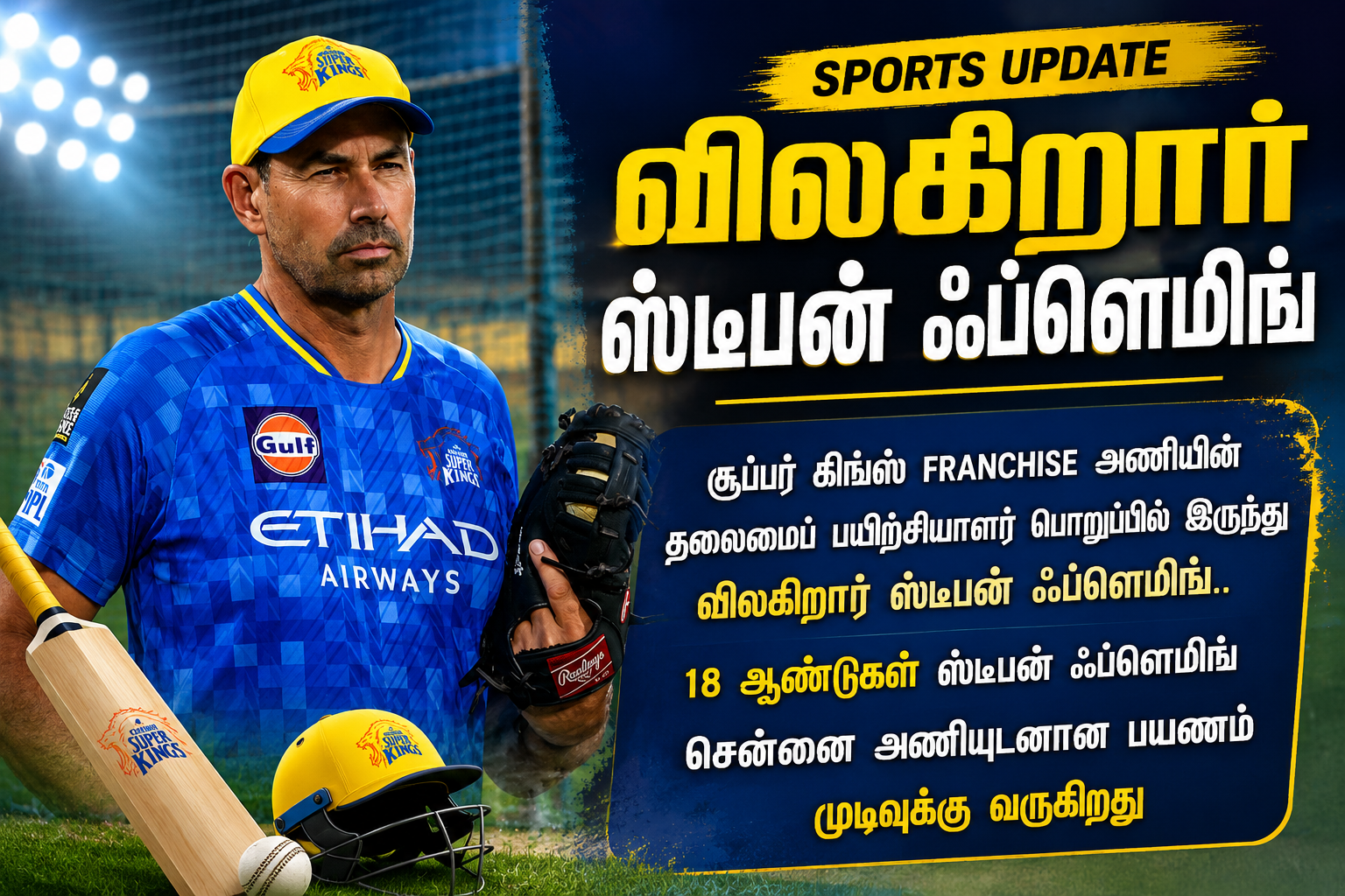 சென்னை சூப்பர் கிங்ஸ் (CSK) அணியின் முன்னாள் தலைமைப் பயிற்சியாளர் ஸ்டீபன் ஃப்ளெமிங் குறித்த செய்தியுடன் அவரது பயிற்சி மைதான புகைப்படம் இடம்பெற்றுள்ள விளையாட்டு செய்தி பேனர்.