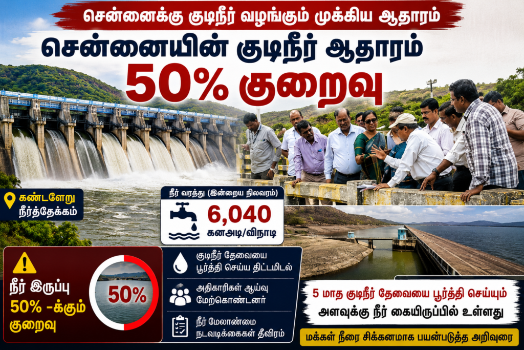 சென்னையின் குடிநீர் ஆதாரமான நீர்த்தேக்கங்களில் நீர் இருப்பு 50 சதவீதத்திற்கும் குறைவாக சரிவு