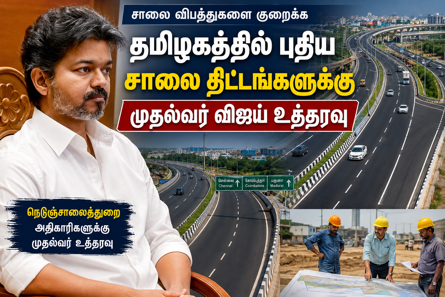 தமிழகத்தில் சாலை விபத்துகளைக் குறைக்க தனி செயல் திட்டம் உருவாக்க அதிகாரிகளுக்கு முதலமைச்சர் விஜய் உத்தரவு