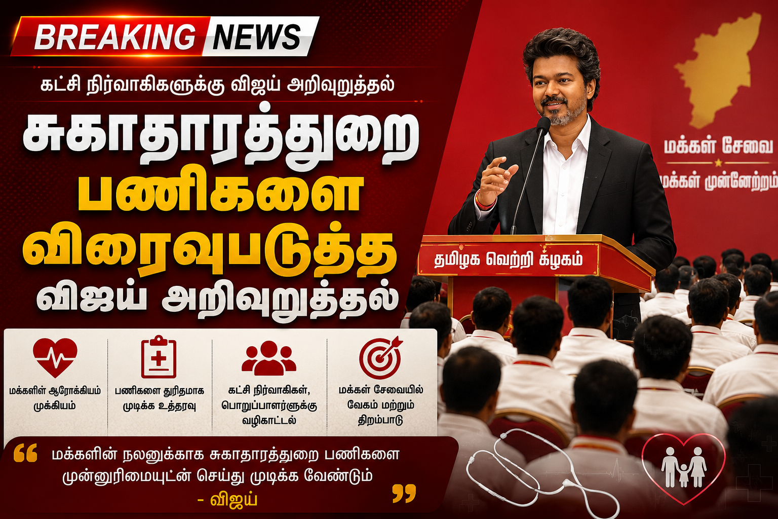 சுகாதாரத்துறை தொடர்பான பணிகளை விரைவாக மேற்கொள்ள கட்சி நிர்வாகிகளுக்கு விஜய் அறிவுறுத்தியதை விளக்கும் செய்தி பேனர்.