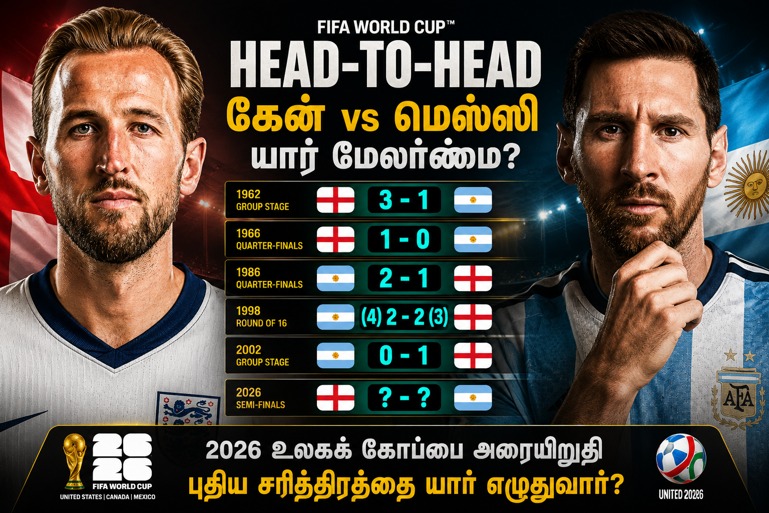 இங்கிலாந்து Vs அர்ஜென்டீனா — FIFA உலகக் கோப்பை 2026 அரையிறுதி இன்று அட்லாண்டாவில்