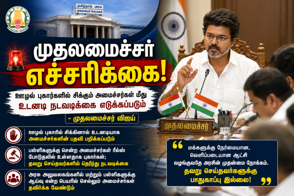 முதலமைச்சர் விஜய் அமைச்சர்களுக்கு கடும் எச்சரிக்கை: ஊழல் புகாரில் சிக்கினால் பதவி பறிக்கப்படும் என தகவல்