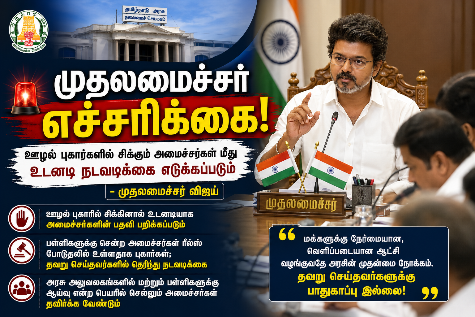 தமிழக அமைச்சர்கள் மற்றும் அதிகாரிகளுடன் நடைபெற்ற உயர்மட்ட ஆலோசனைக் கூட்டத்தில் முதலமைச்சர் விஜய் முக்கிய அறிவுறுத்தல்களை வழங்கும் காட்சி.