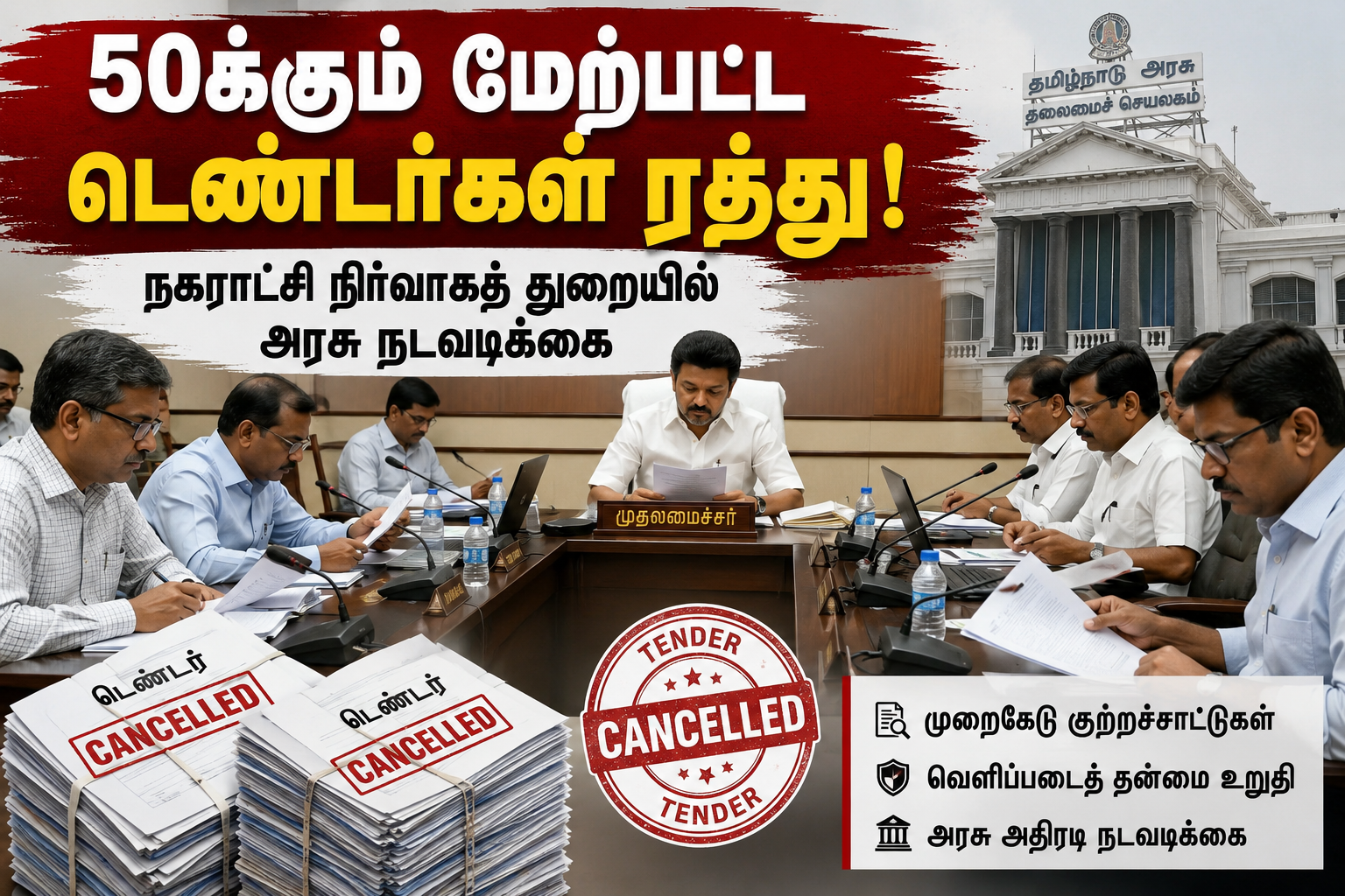 தமிழக நகராட்சி நிர்வாகத் துறையில் முறைகேடு புகார்களை தொடர்ந்து 50க்கும் மேற்பட்ட டெண்டர்கள் ரத்து செய்யப்பட்டதை விளக்கும் அரசு ஆலோசனை கூட்டம்.