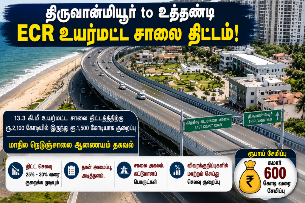 திருவான்மியூர்–உத்தாண்டி ECR உயர்மட்ட சாலை திட்ட செலவு குறைப்பு: திருத்தப்பட்ட மதிப்பீடு மீது கவனம்