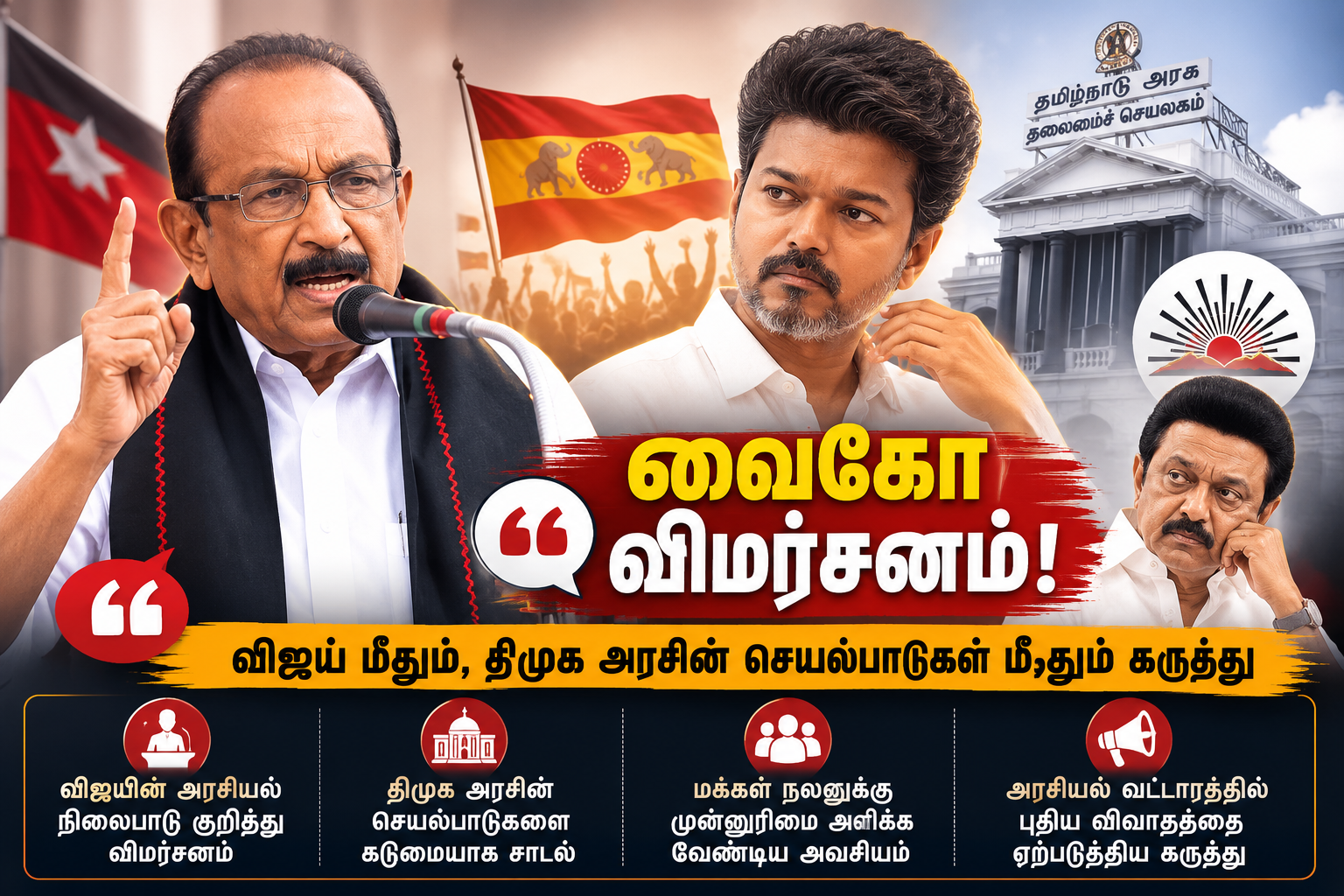 மதிமுக பொதுச்செயலாளர் வைகோ, தமிழக வெற்றிக் கழக தலைவர் விஜய் மற்றும் திமுக அரசை குறித்து தனது அரசியல் கருத்துகளை தெரிவித்த காட்சி.
