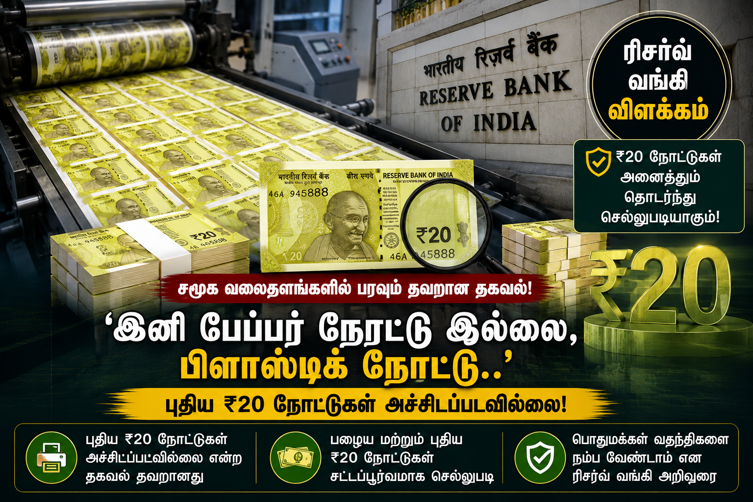 ரிசர்வ் வங்கியின் புதிய ₹20 ரூபாய் நோட்டுகள் அச்சிடப்படவில்லை என்ற தகவலை மறுத்து விளக்கும் வகையில், நாணய அச்சகத்தில் ₹20 நோட்டுகள் தயாராகும் காட்சியை காட்டும் விளக்கப் படம்.