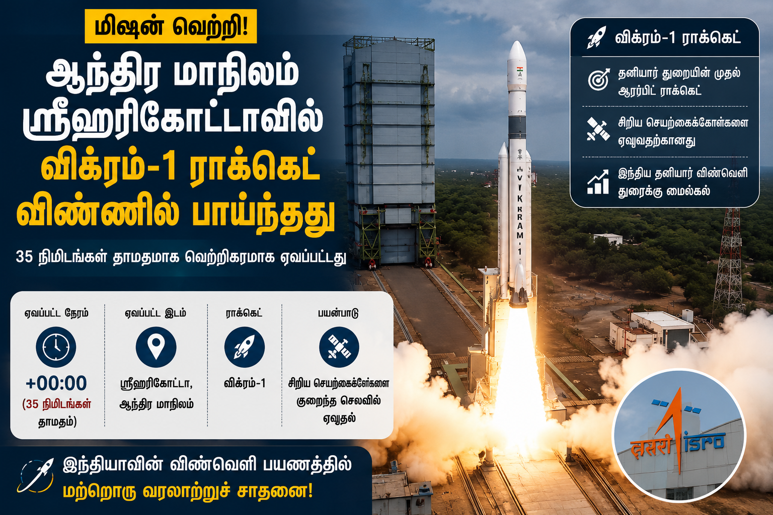 இந்தியாவின் முதல் தனியார் ஆர்பிடல் ராக்கெட் விக்ரம்-1 விண்ணேற்றம்: விண்வெளித் துறையில் புதிய மைல்கல்
