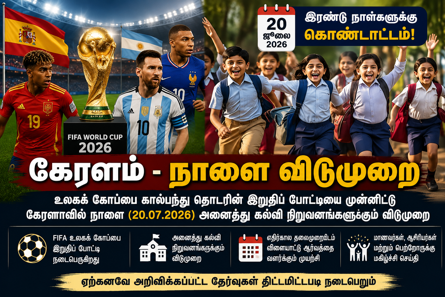 FIFA இறுதிப்போட்டியை முன்னிட்டு நாளை கேரளாவில் பள்ளி விடுமுறை