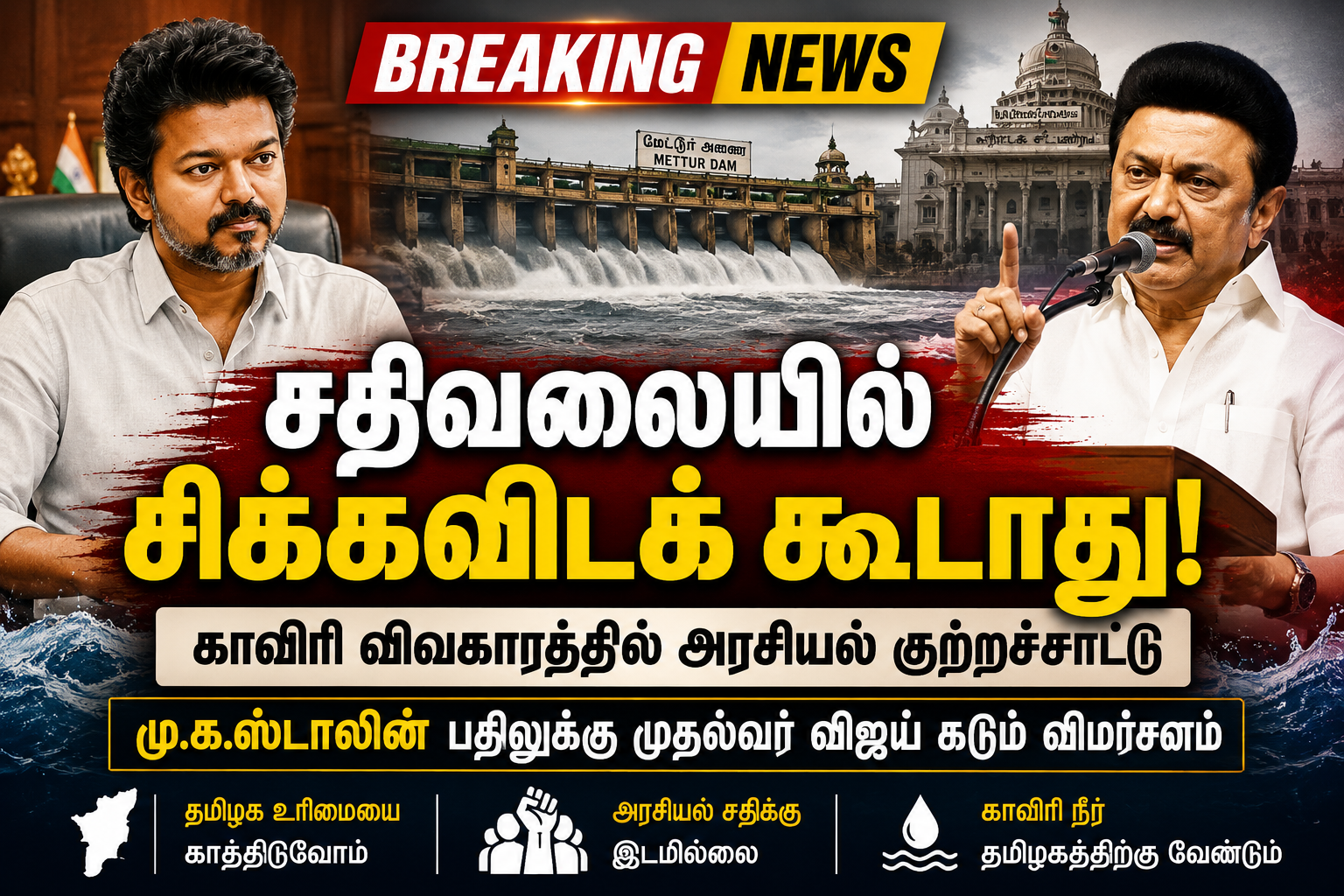 காவிரி நீர் விவகாரம் தொடர்பாக முதல்வர் விஜய் மற்றும் திமுக தலைவர் மு.க.ஸ்டாலின் இடையே நடைபெற்ற அரசியல் கருத்து மோதலை விளக்கும் செய்தி பேனர் படம்.