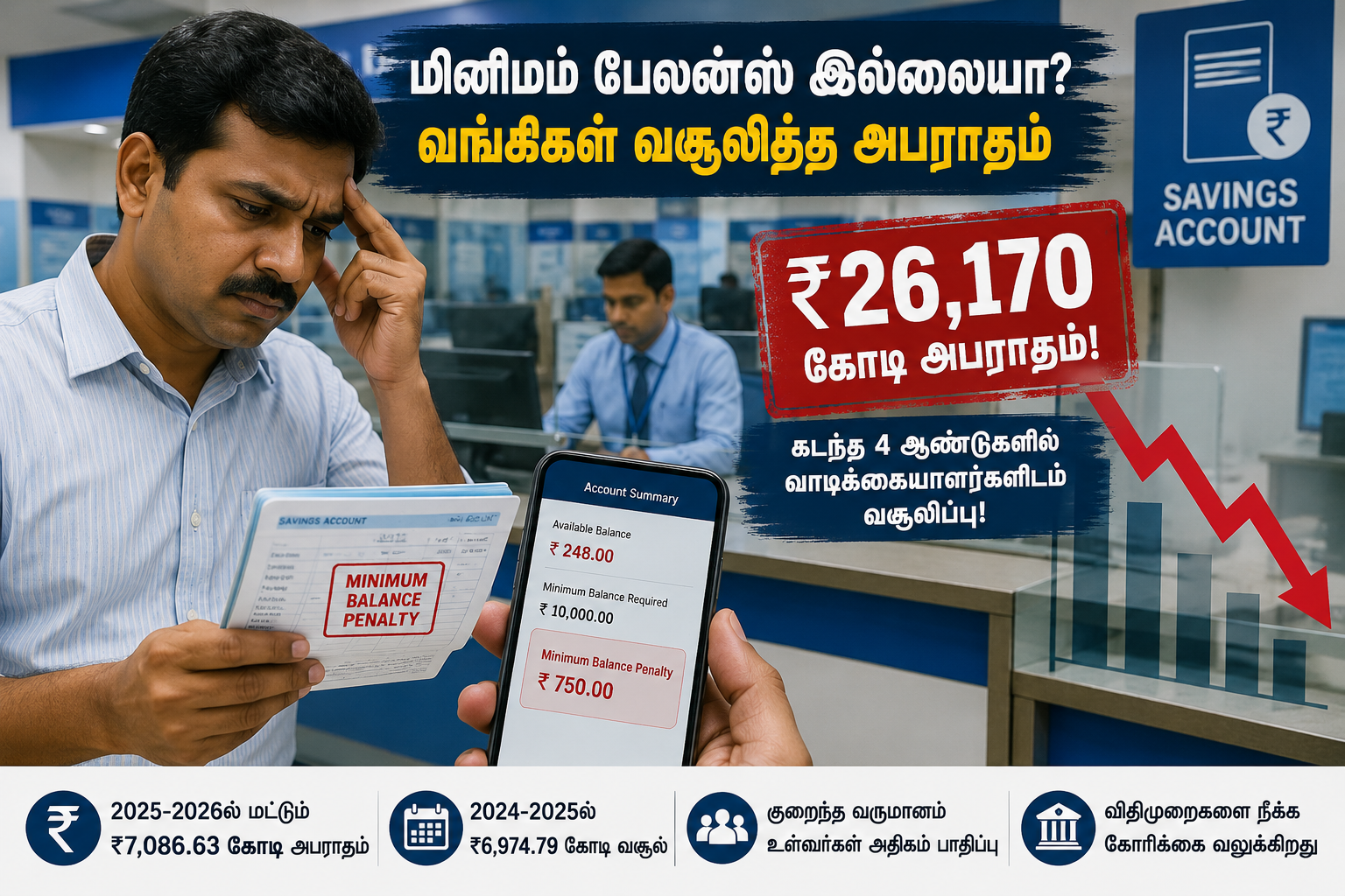 சேமிப்புக் கணக்கில் மினிமம் பேலன்ஸ் பராமரிக்காத வாடிக்கையாளர்களிடம் கடந்த 4 ஆண்டுகளில் ரூ.26,170 கோடி அபராதம் வசூலித்த வங்கிகள் தொடர்பான விளக்கப்படம்