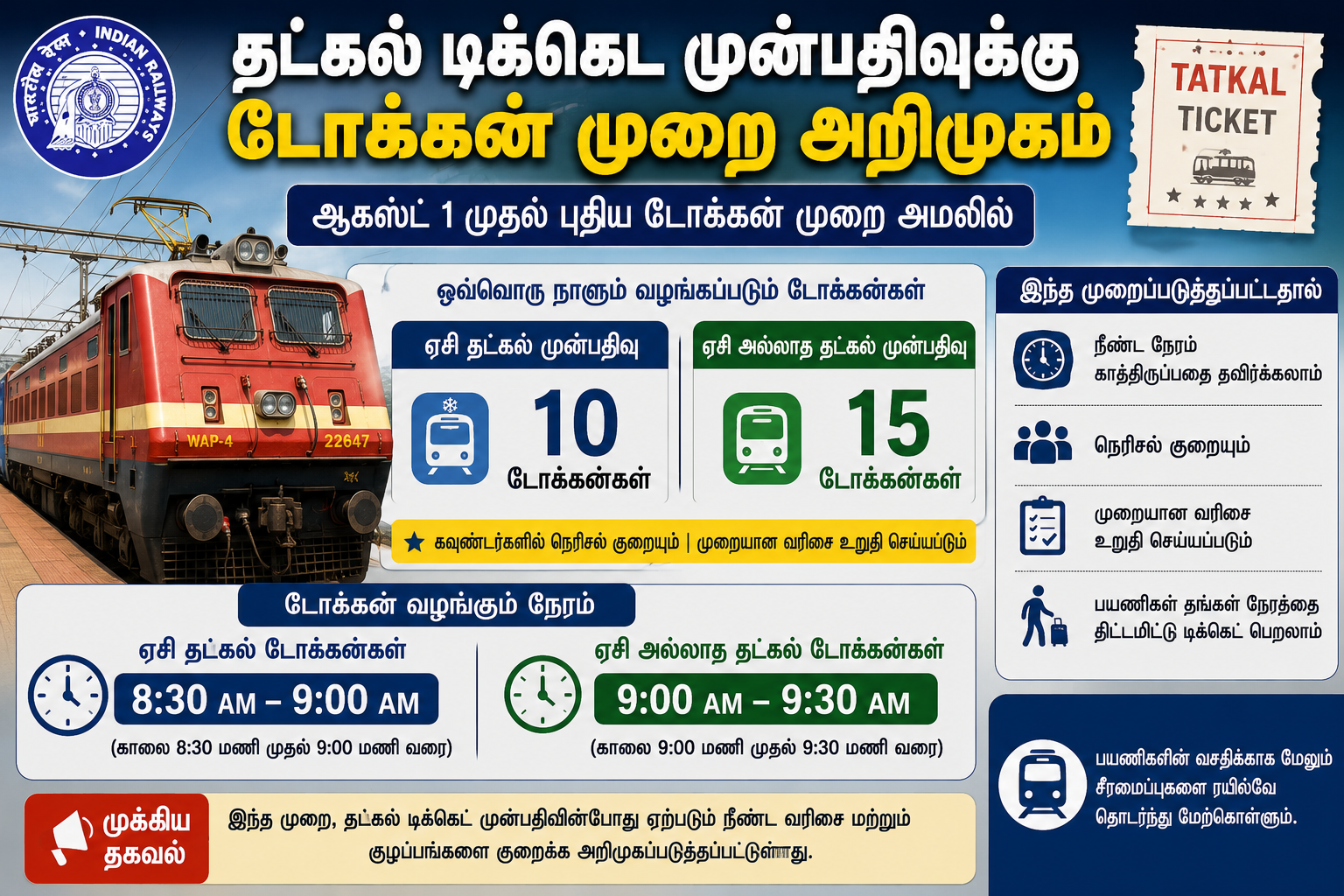 ஆகஸ்ட் 1 முதல் தட்கல் ரயில் டிக்கெட் முன்பதிவுக்கு அறிமுகமாகும் புதிய டோக்கன் முறை தொடர்பான விளக்கப் படம்