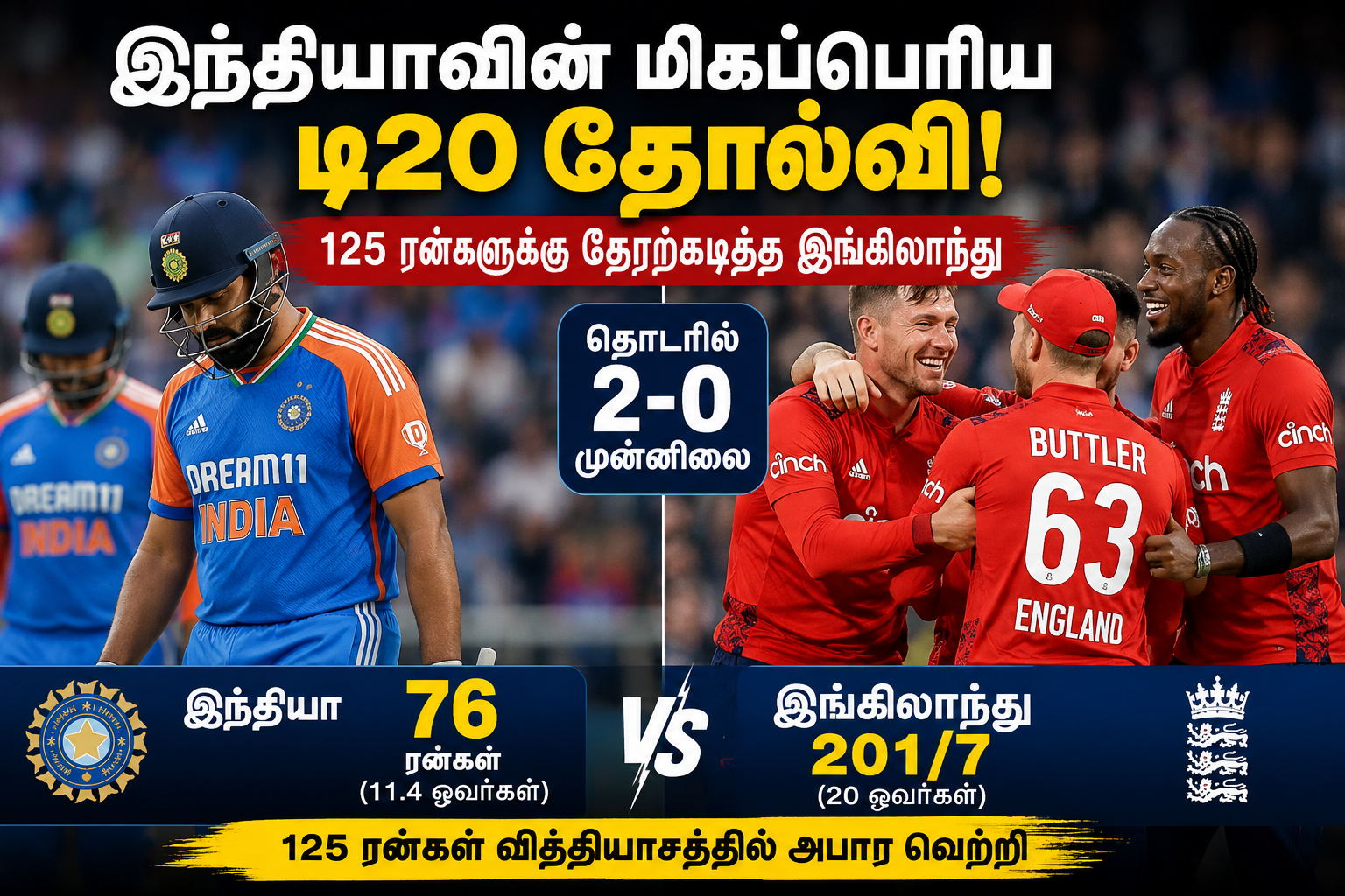 இந்தியாவுக்கு வரலாறு காணாத தோல்வி – டி20 தொடரில் இங்கிலாந்து 2-0 முன்னிலை