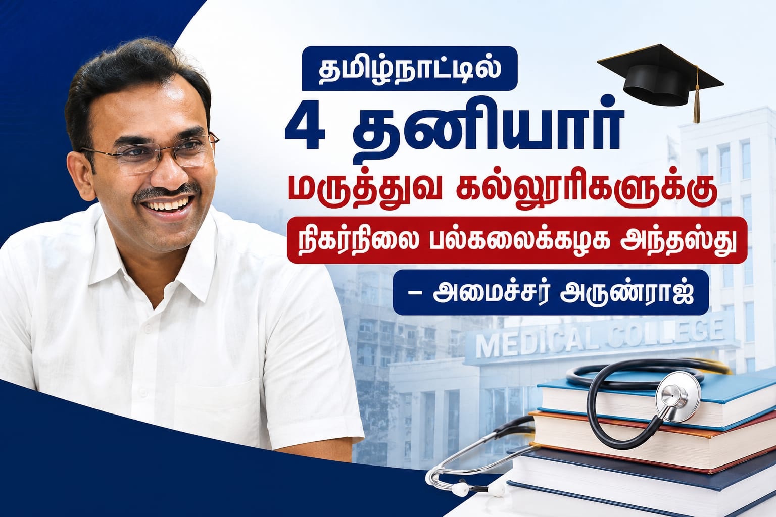 தமிழ்நாட்டில் 4 தனியார் மருத்துவ கல்லூரிகளுக்கு நிகர்நிலை பல்கலைக்கழக அந்தஸ்து – அமைச்சர் அருண்ராஜ்