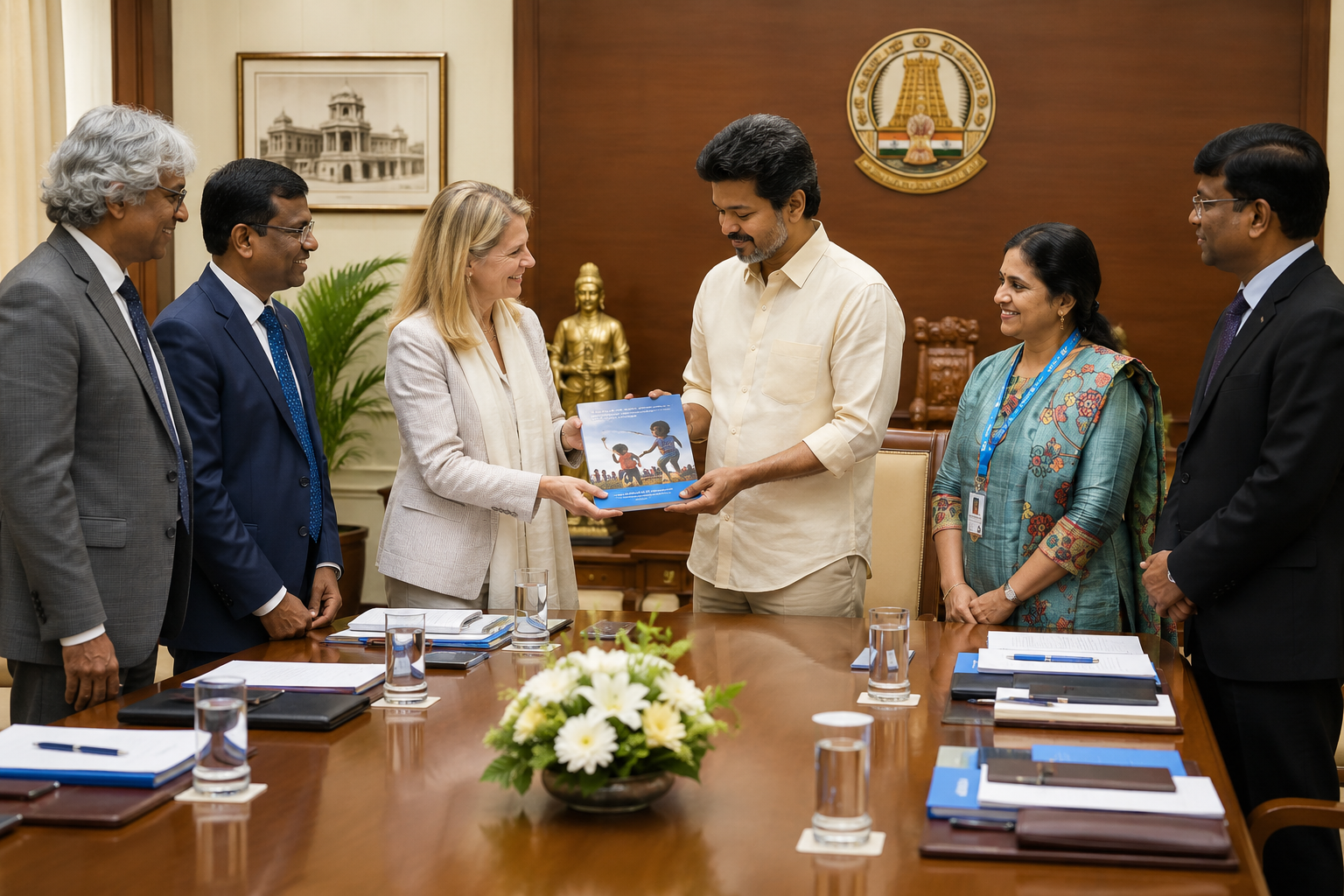 தமிழ்நாடு தலைமைச் செயலகத்தில் யுனிசெஃப் சர்வதேச பிரதிநிதிகளை சந்தித்து புத்தகத்தை பெற்றுக்கொண்ட முதலமைச்சர் விஜய்.