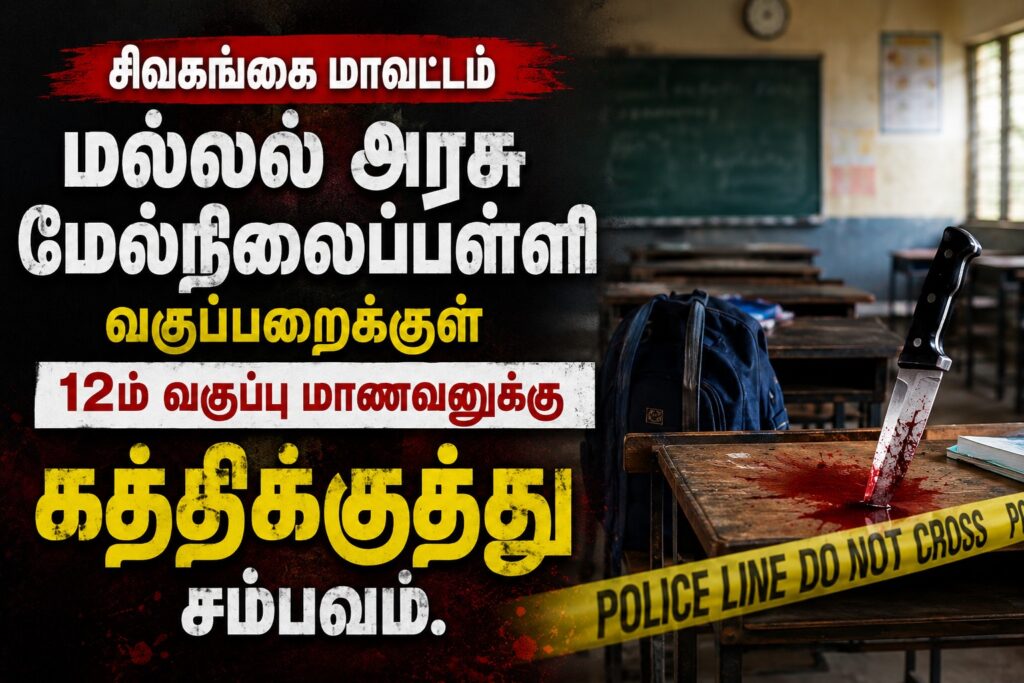 சிவகங்கை மாவட்டம் மல்லல் அரசு மேல்நிலைப்பள்ளி வகுப்பறைக்குள் 12ம் வகுப்பு மாணவனுக்கு கத்திக்குத்து