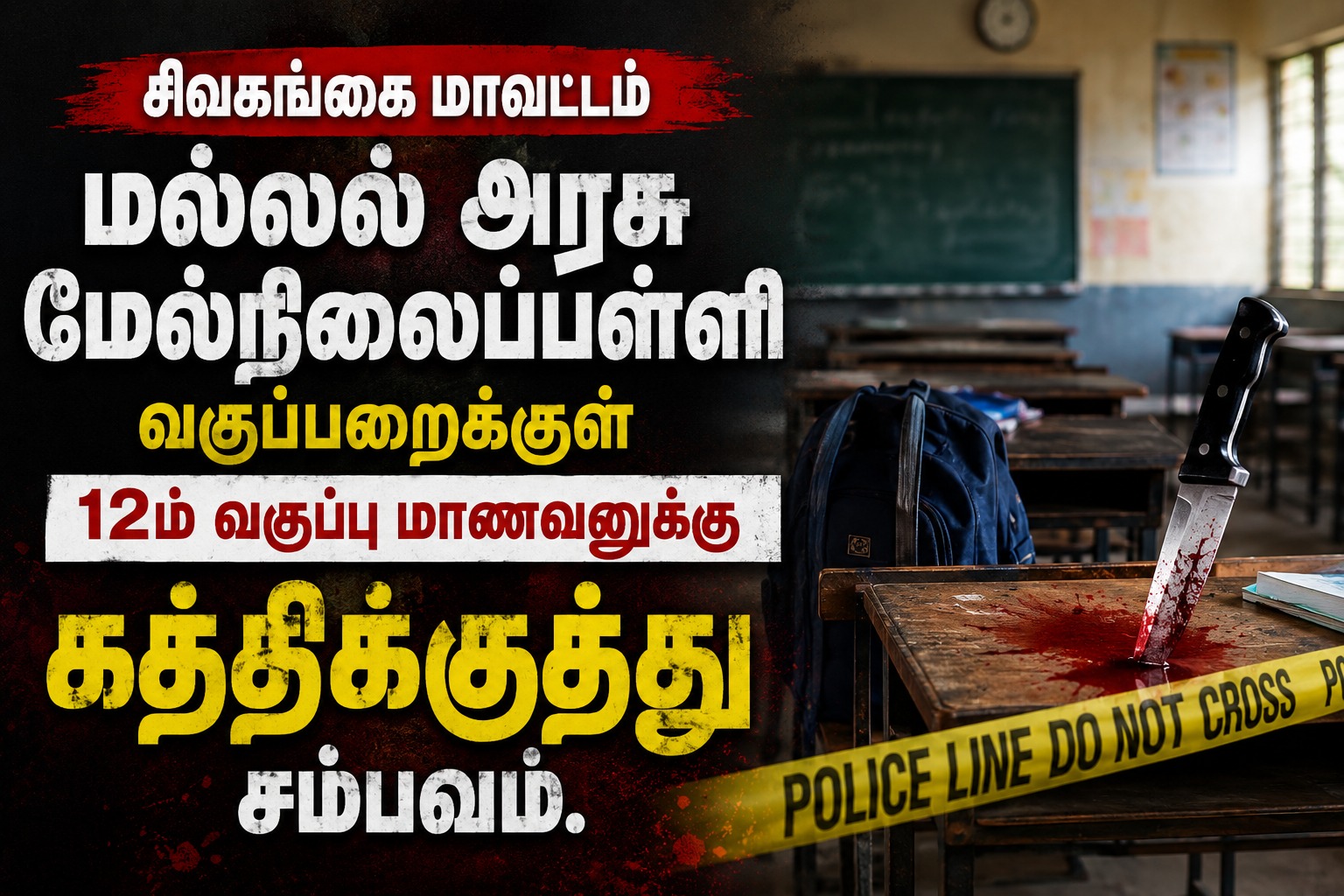 சிவகங்கை மாவட்டம் மல்லல் அரசு மேல்நிலைப்பள்ளி வகுப்பறைக்குள் 12ம் வகுப்பு மாணவனுக்கு கத்திக்குத்து