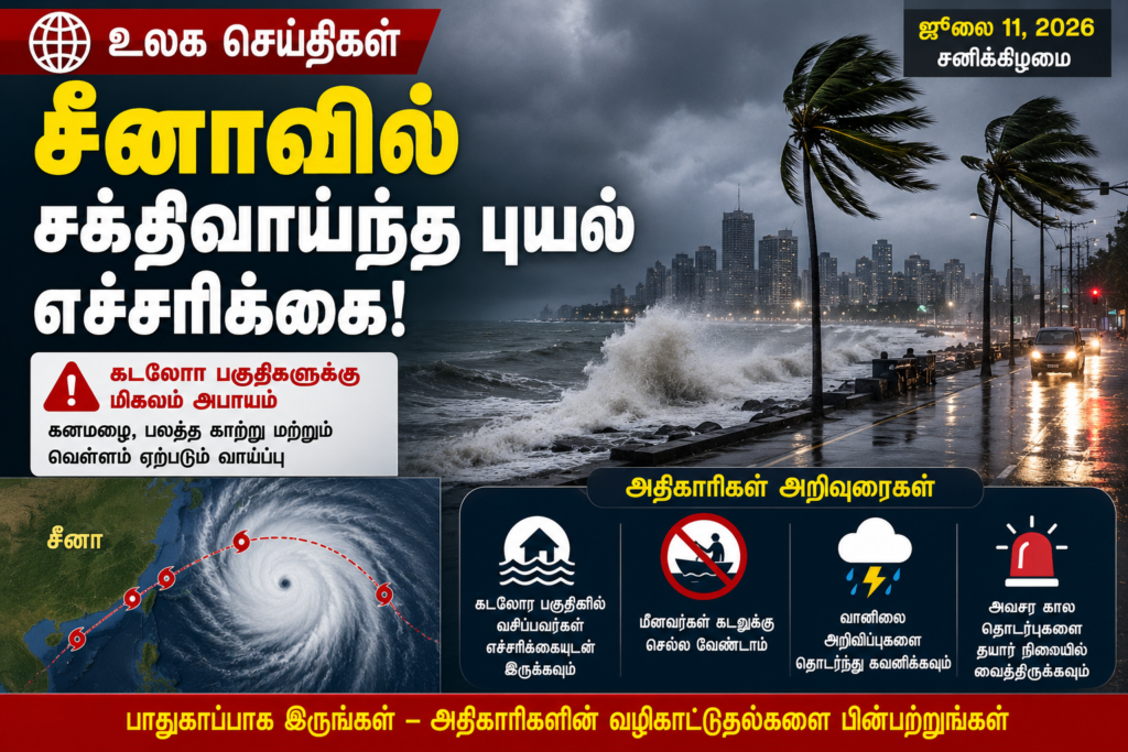 சீனாவில் சக்திவாய்ந்த புயல் எச்சரிக்கை – கடலோர பகுதிகளில் பாதுகாப்பு நடவடிக்கைகள் தீவிரம்