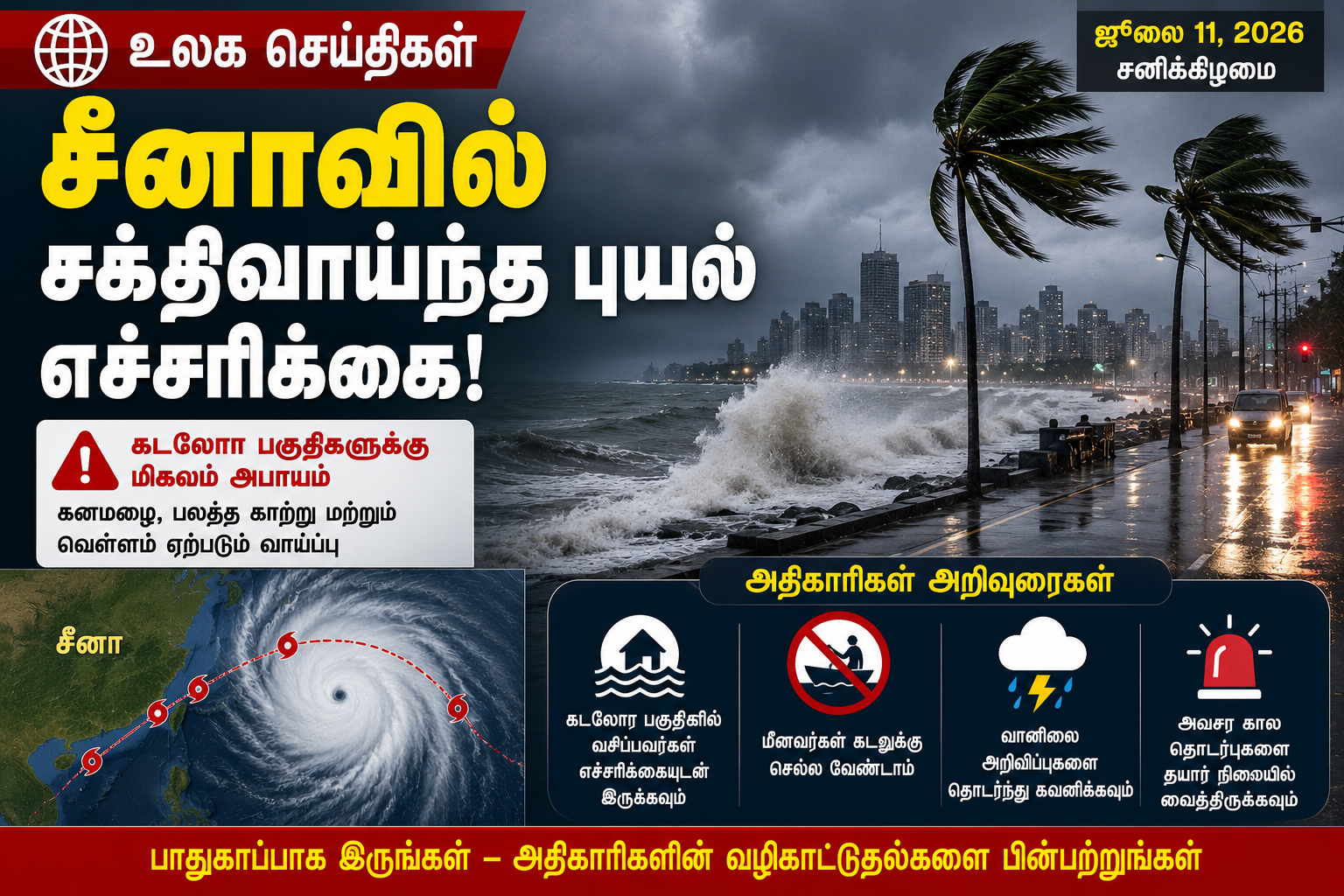சீனாவில் சக்திவாய்ந்த புயல் எச்சரிக்கை – கடலோர பகுதிகளில் பாதுகாப்பு நடவடிக்கைகள் தீவிரம்