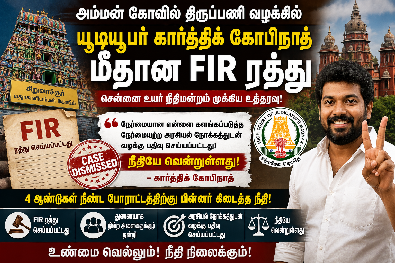 அம்மன் கோவில் திருப்பணி வழக்கில் யூடியூபர் கார்த்திக் கோபிநாத் மீதான FIR ரத்து – சென்னை உயர் நீதிமன்றம்