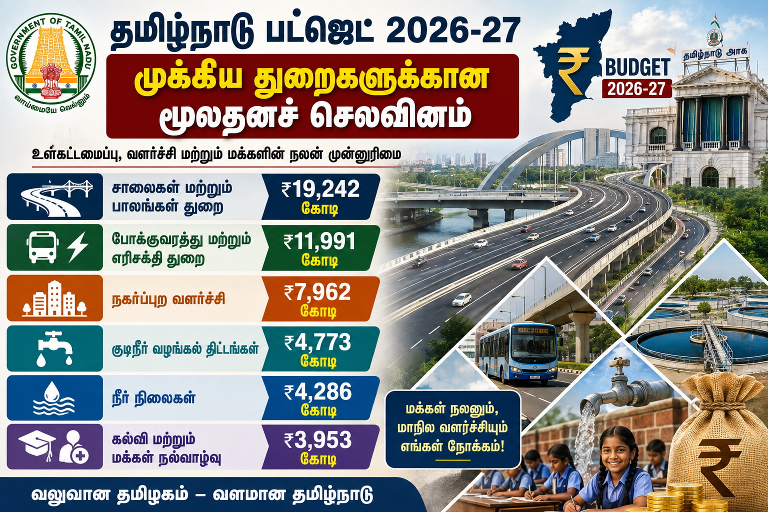 தமிழ்நாடு பட்ஜெட் 2026-27ல் சாலைகள், பாலங்கள், போக்குவரத்து, நகர்ப்புற வளர்ச்சி, குடிநீர், நீர் நிலைகள் மற்றும் கல்வி உள்ளிட்ட முக்கிய துறைகளுக்கான மூலதனச் செலவின ஒதுக்கீடுகளை விளக்கும் தகவல் படம்.