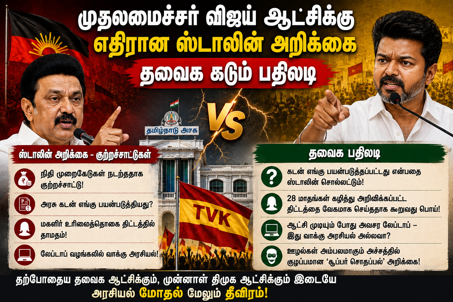 முதலமைச்சர் விஜய் தலைமையிலான தவெக அரசை விமர்சித்து மு.க.ஸ்டாலின் வெளியிட்ட அறிக்கைக்கு தவெக பதிலடி அளித்தது தொடர்பான அரசியல் செய்தி.